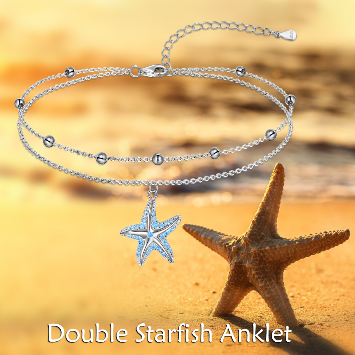 Sterling Silver Circular Shaped Cubic Zirconia Starfish Multi-layered Anklet-6