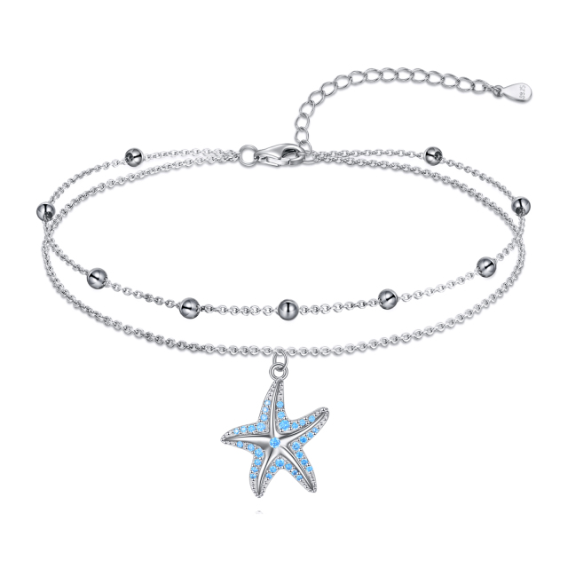 Sterling Silver Circular Shaped Cubic Zirconia Starfish Multi-layered Anklet-0