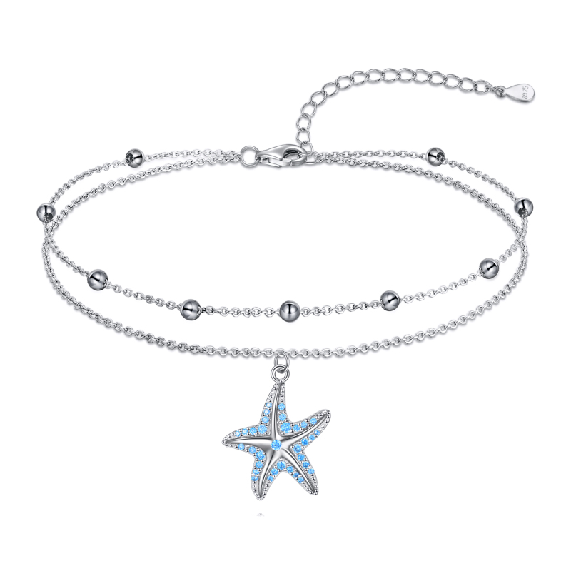 Sterling Silver Circular Shaped Cubic Zirconia Starfish Multi-layered Anklet