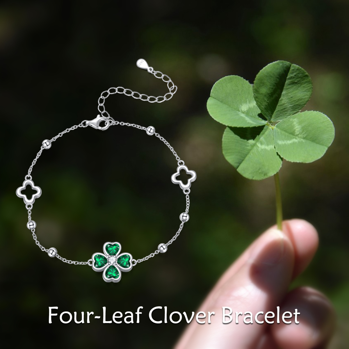 Sterling Silver Crystal Four Leaf Clover Pendant Bracelet-6