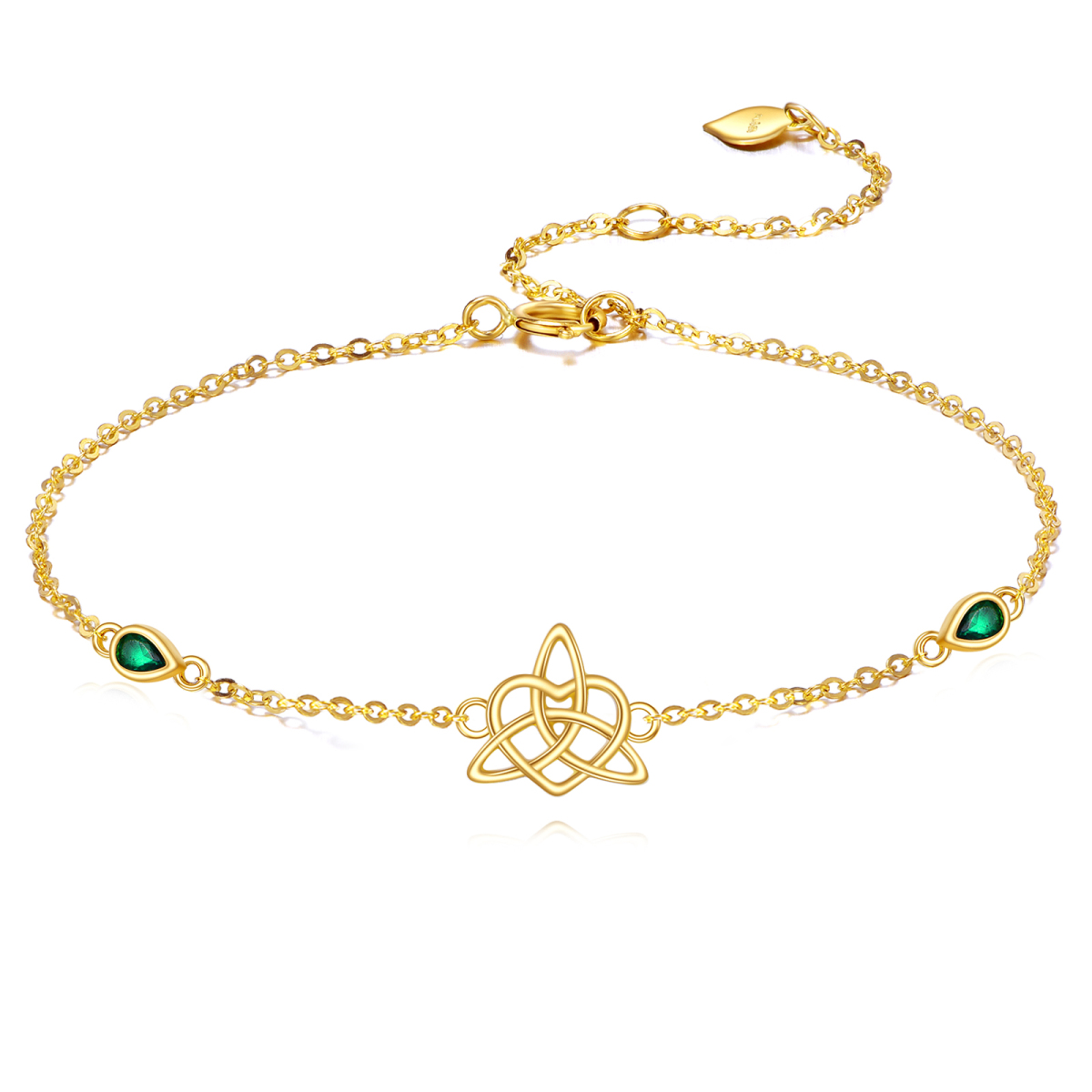14K Gold Armband mit birnenförmigem Smaragd-Keltischen Knoten-Anhänger-1
