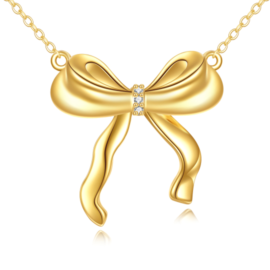 10K Gold Circular Shaped Cubic Zirconia Bow Pendant Necklace