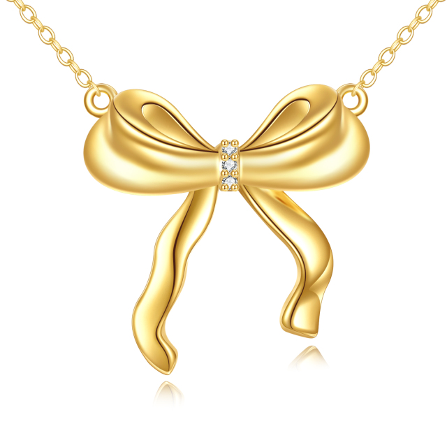 10K Gold Circular Shaped Cubic Zirconia Bow Pendant Necklace-0