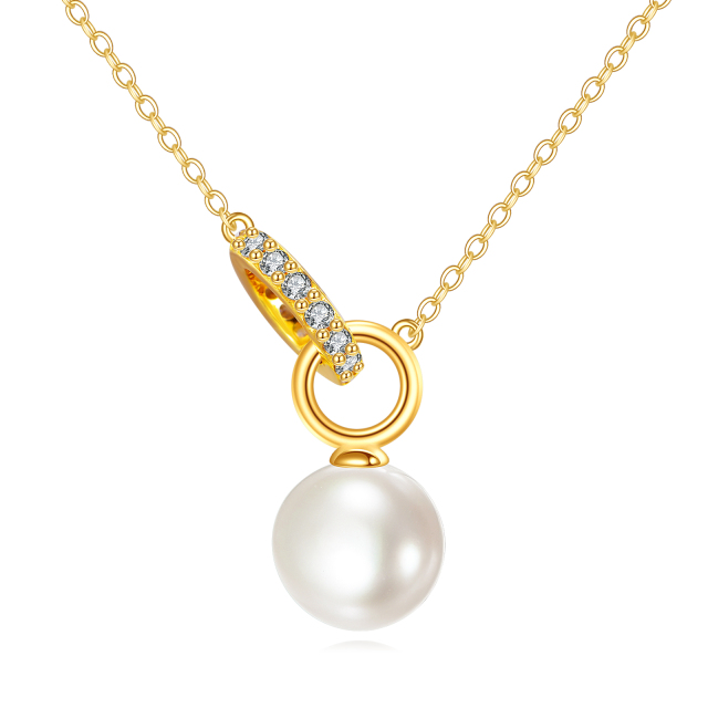 14K Gold Circular Shaped Cubic Zirconia & Pearl Bead Pendant Necklace-3