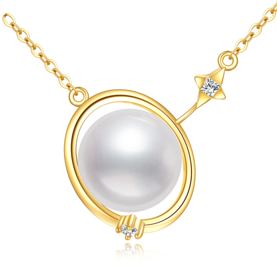 14K Gold Circular Shaped Cubic Zirconia & Pearl Planet Pendant Necklace