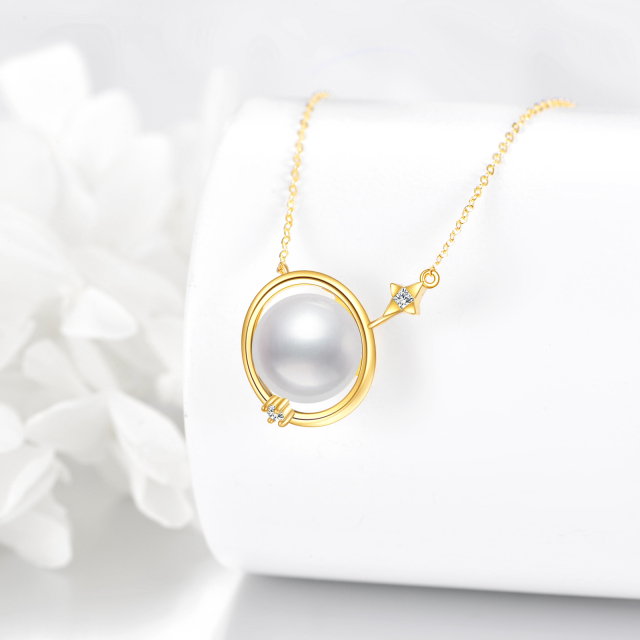 14K Gold Pearl Planet Pendant Necklace with 5A Austria Zircon-3