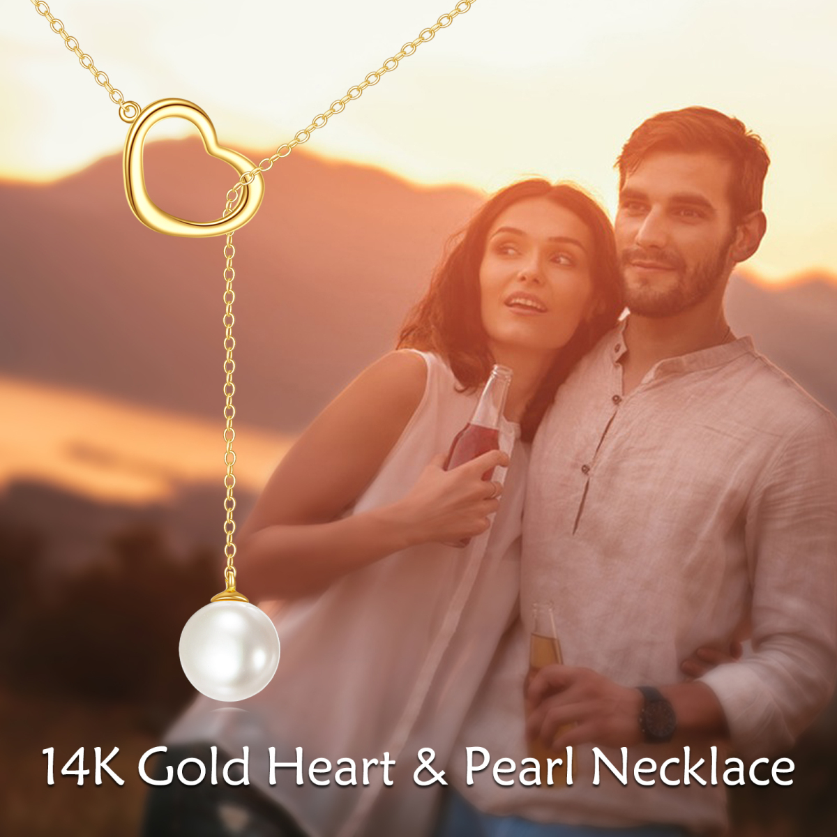 Collier en Y réglable en forme de cœur et de perles circulaires en or 14 carats-6