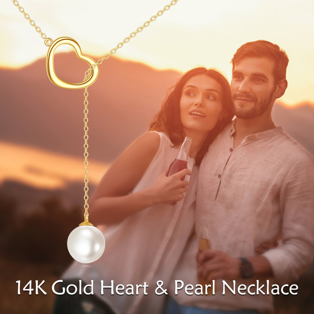 14K Gold Circular Shaped Pearl Heart Adjustable Y Necklace-5
