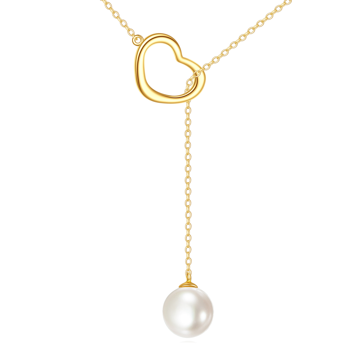 Collier en Y réglable en forme de cœur et de perles circulaires en or 14 carats-1