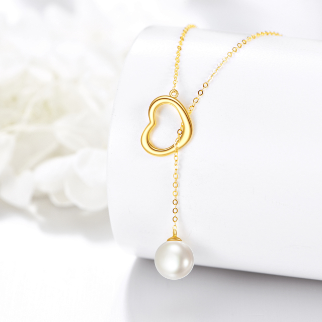 14K Gold Circular Shaped Pearl Heart Adjustable Y Necklace-3