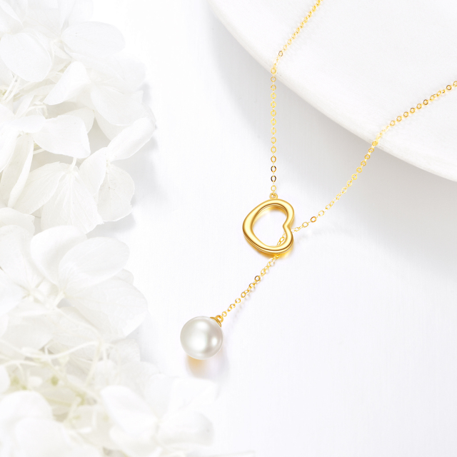 14K Gold Circular Shaped Pearl Heart Adjustable Y Necklace-2