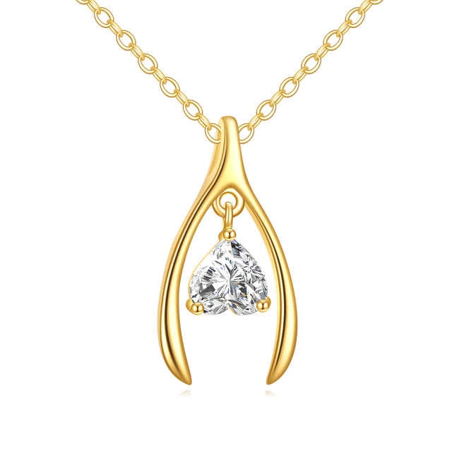 14K Gold Wishbone Necklace With Heart Zircon as Gifts for Women Girls-0