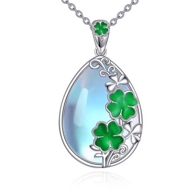 Sterling Silver Moonstone Four Leaf Clover Pendant Necklace-1