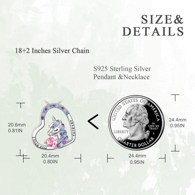 Sterling Silver Circular Shaped & Heart Shaped Cubic Zirconia Unicorn Pendant Necklace with Engraved Word-4