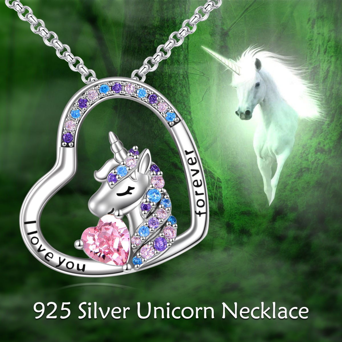 Sterling Silver Circular Shaped & Heart Shaped Cubic Zirconia Unicorn Pendant Necklace with Engraved Word-6