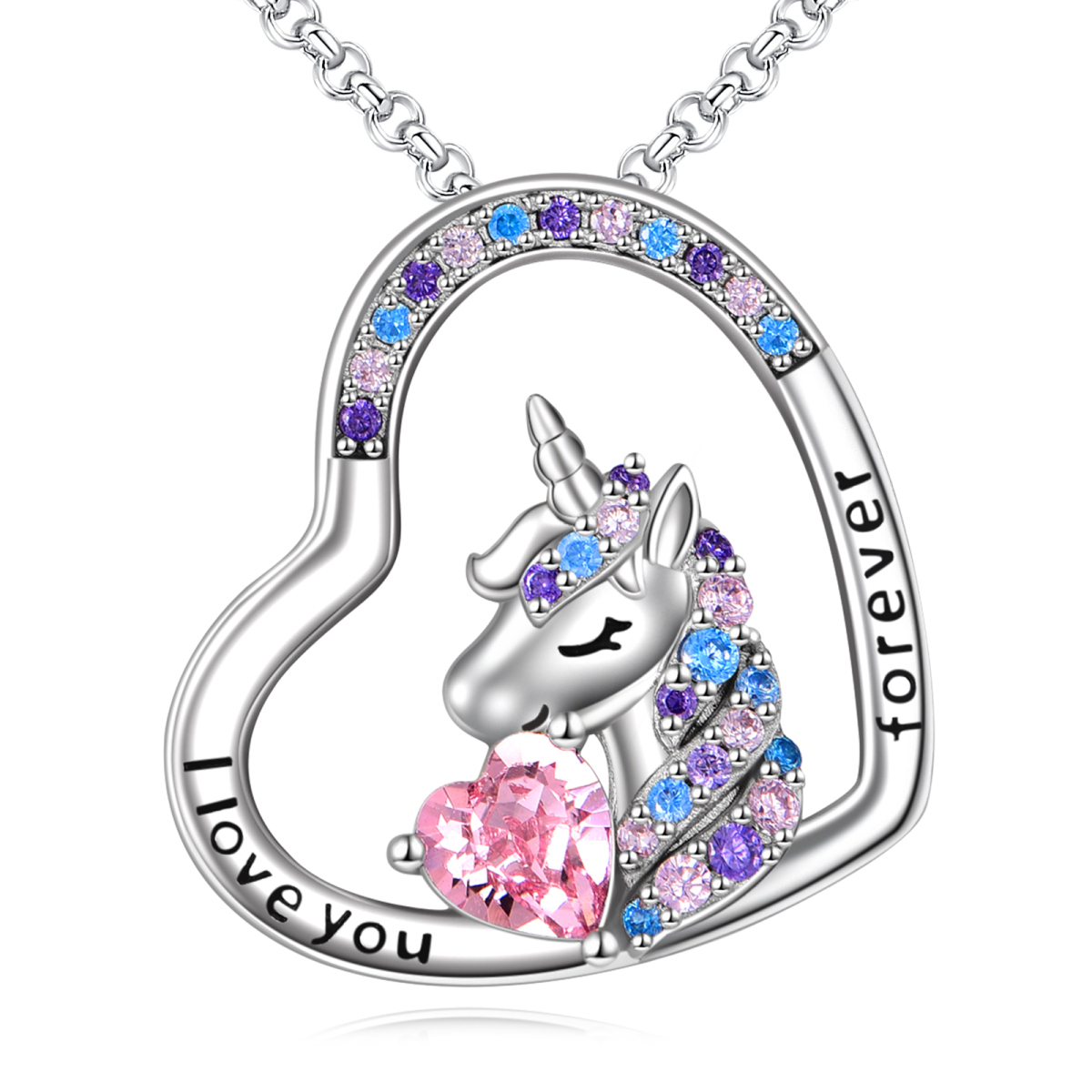 Sterling Silver Circular Shaped & Heart Shaped Cubic Zirconia Unicorn Pendant Necklace with Engraved Word-1