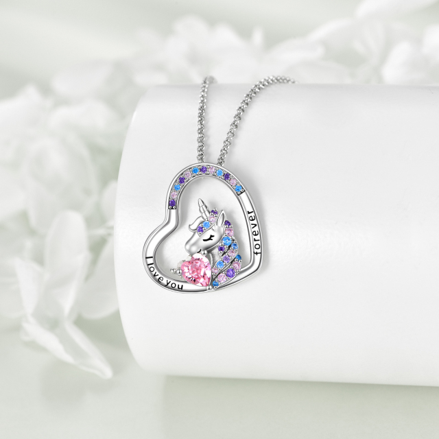 Sterling Silver Circular Shaped & Heart Shaped Cubic Zirconia Unicorn Pendant Necklace with Engraved Word-3