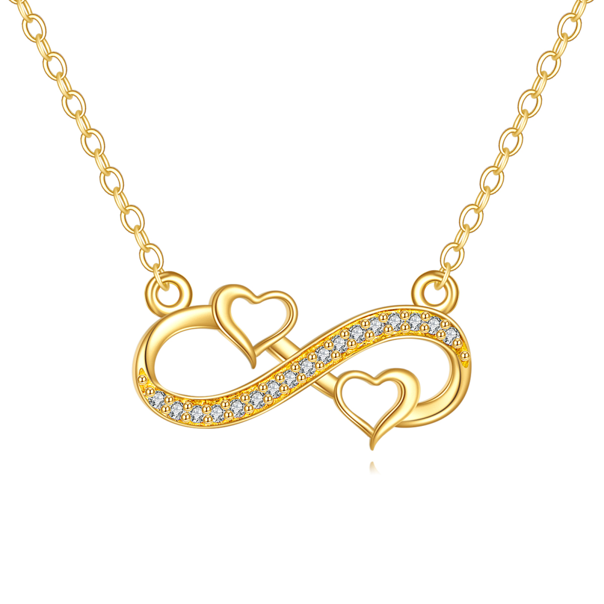 Collier avec pendentif en forme de cœur et symbole de l'infini en forme de cercle en or 14 carats avec zircone cubique-1